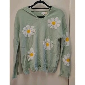 Hazel Moon Hoodie Sweater Womens M Green Daisy Floral Boho Hippie Indie Distress
